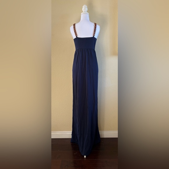 TORY BURCH Navy Stacey Maxi Slip Dress Plastic Tortoise Shell Chain Straps M (8) - Picture 4 of 7